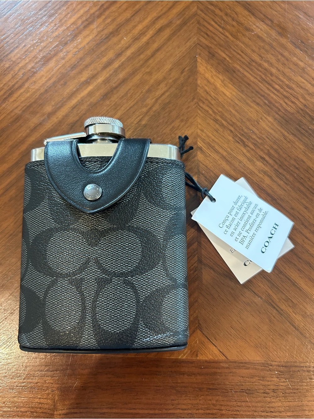 Coach Black/Charcoal Signature Flask with Leather Trim